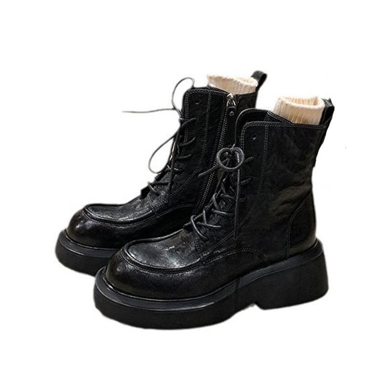 Cowhide new round head thick heel locomotive short boots heightened thick sole lace-up side zipper Martin boots women
