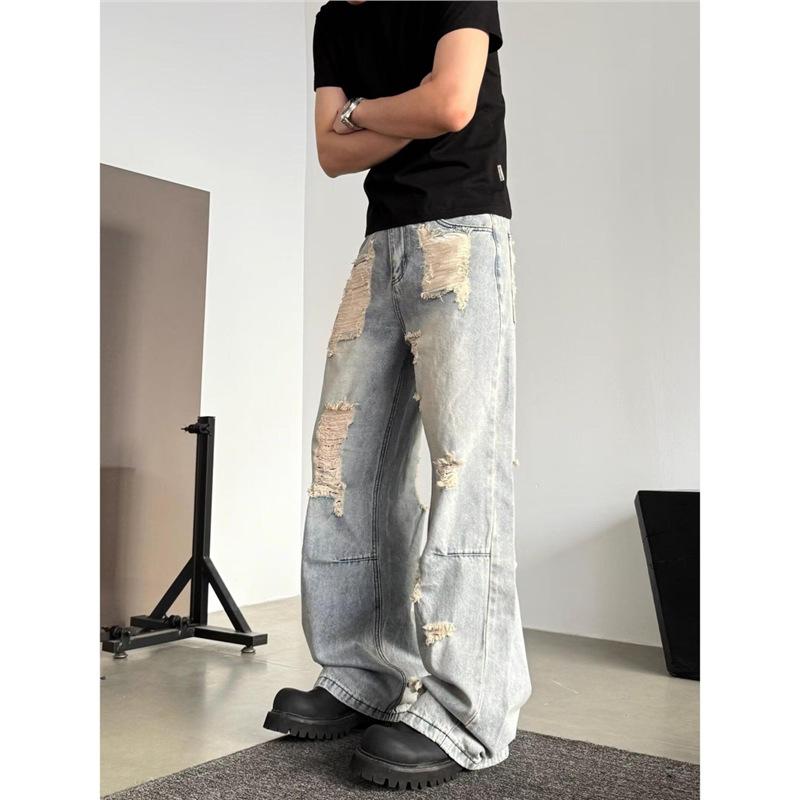 American retro street ripped jeans men's and women's loose casual and versatile design sense niche straight wide-leg pants