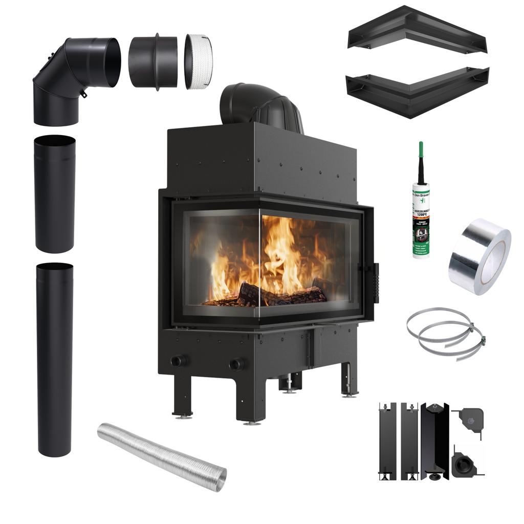 Corner Fireplace KRATKI FLOKI Left 12kW Ø200 Black Closing Installation Kit
