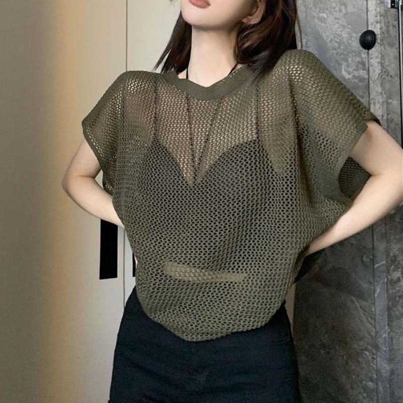 Temperament Perspective Hollow Knitted Shirt Summer Spicy Girl Loose Fashion Short Sleeve Top Female Chic