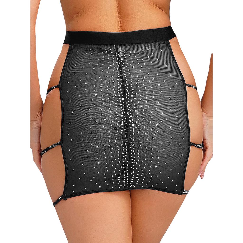 Womens Sparkly Rhinestone Mesh Miniskirt Elastic Waist Side Cutouts Bodycon Design See Through Club Skirt