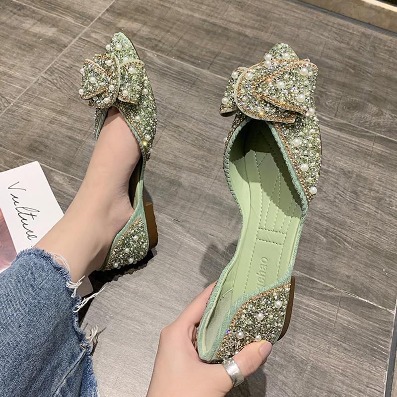 Rimocy Spring Summer Rhinestone Flats Women Korean Fashion Pointed Toe Single Shoes Woman Soft Sole Luxury Pearl Single Shoes