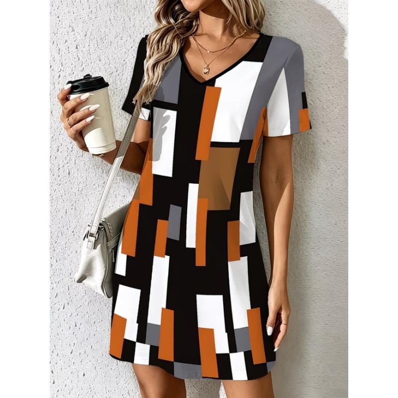 Fashionable Women's Summer Dress Colorful Geometric Plaid Print V-Neck Short Sleeve Casual Dress