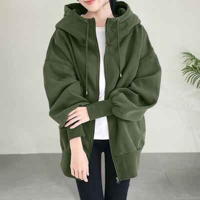 Women Thick Coat for Autumn Winter Warmth Solid Color Mid-Length Fleece Jacket with Pockets Loose Zipper Hooded Coat for Daily Wear