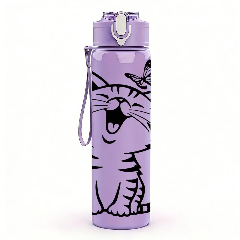 1PC Playful Tabby Kitten Cartoon Pattern 750ml Color Plastic Sports Water Bottle Leakproof Flip Straw Lid Suitable for Sports Office Home Use