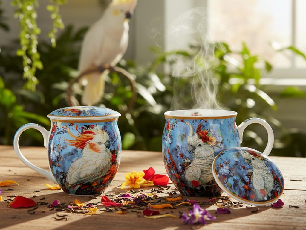 Porcelain Mug Barrel With Lid Cockatoo Parrot For Coffee Tea