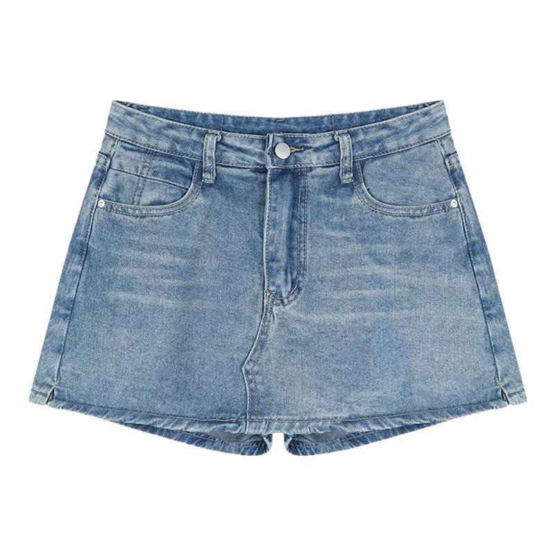 High-Waist A-Line Denim Skirt Shorts for Women - Summer Slim Fit with Anti-Exposure Split Design