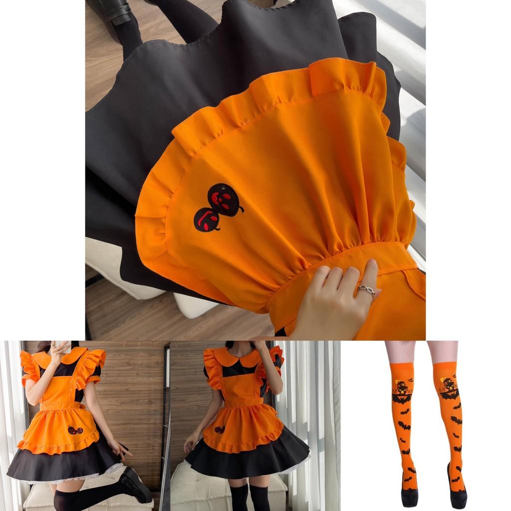 Cute Lolita Pumpkin Maid Halloween Party Costume Dress With Headdress