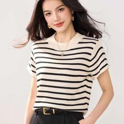 ZuoSe Women's Casual Thin Striped Short Sleeve Pullover