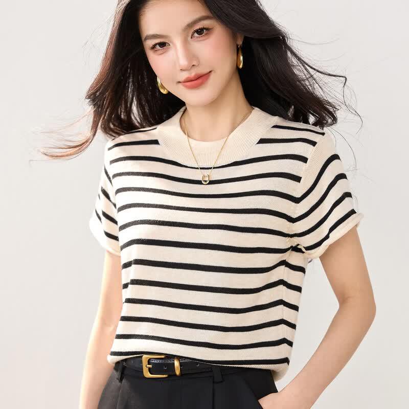 ZuoSe Women s Casual Thin Striped Short Sleeve Pullover XL