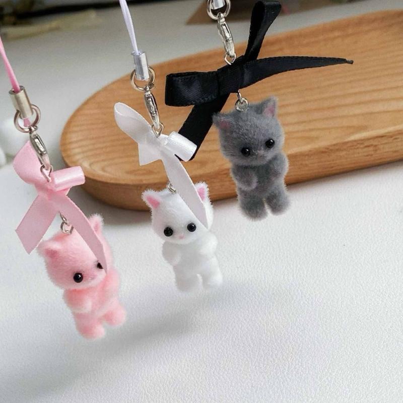 Flocking Cat Pendant Keychain Bows Shaped Key Chain Bowknot Keyring Jewelry Camera Bag Decorations Handmade Gift