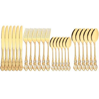 Conjunto de louças de ouro 24 peças de aço inoxidável talheres de luxo vintage conjunto de talheres de qualidade faca garfo colher de chá conjunto de talheres