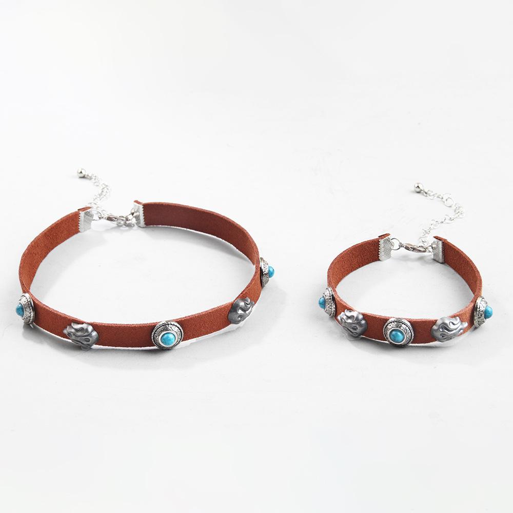 JMXD-Vintage Necklace Metal Flame Stone Velvet Turquoise Necklace, Bohemian Necklace