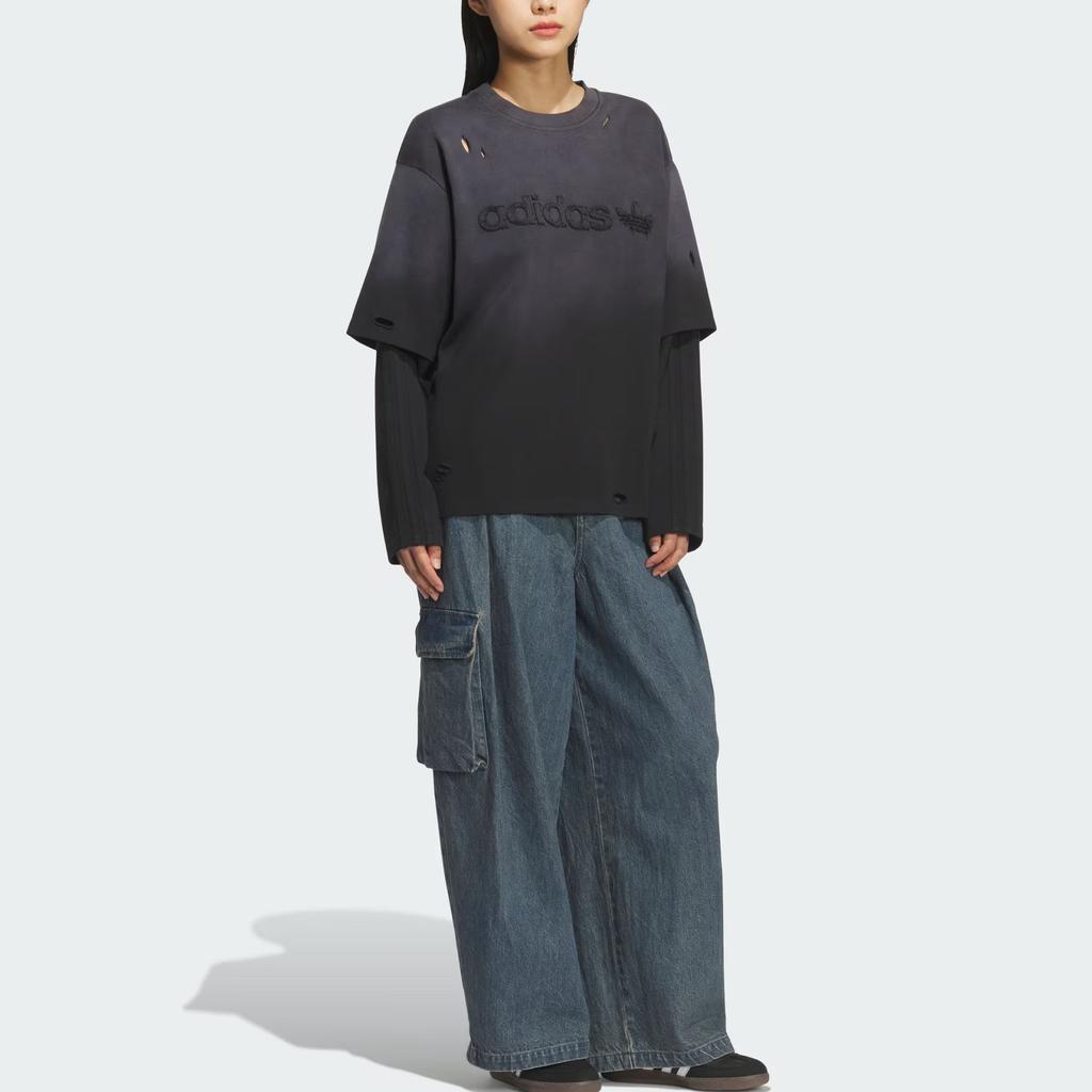 Adidas Originals 2 In 1 Woven Sports Crew Neck Long Sleeve T-Shirt Women Tops KS6112