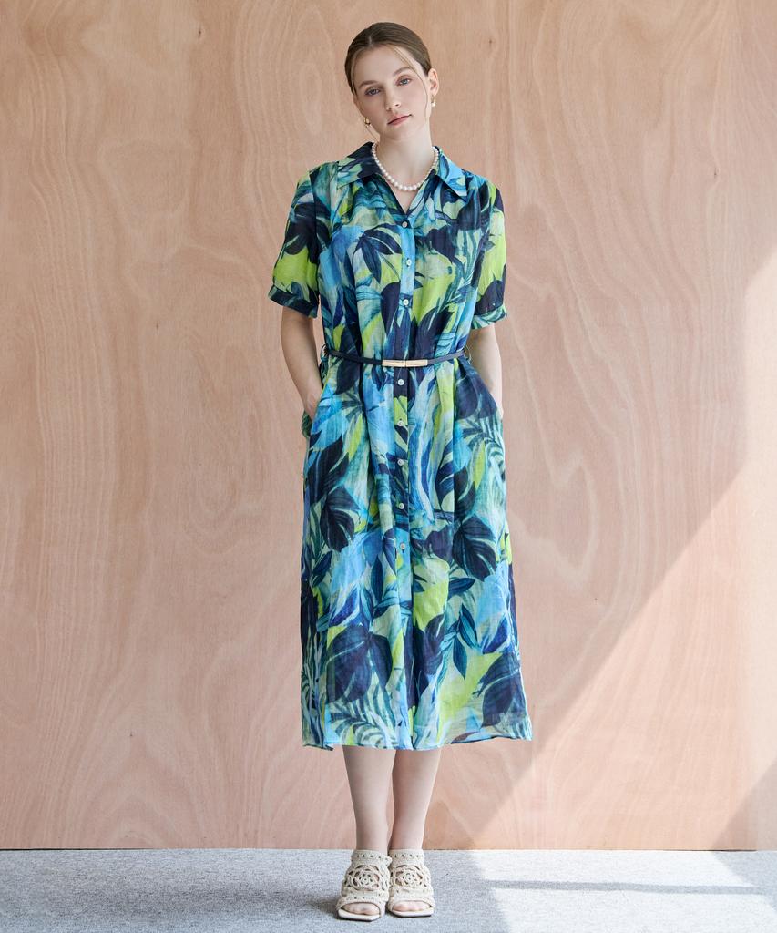 M.GRAF Tropical Pattern Linen Blend Shirt Dress