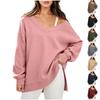 Damen Casual V-Ausschnitt Langarm Farbiger Lockerer Schnitt Sweatshirt mit Seitenschlitz