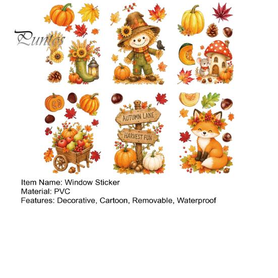 Harvest Festival Window Decor 6 Sheets Autumn Stickers, Thanksgiving Cartoon Static Cling Decorations with Fall Art Pumpkins Maple Leaves Scarecrows