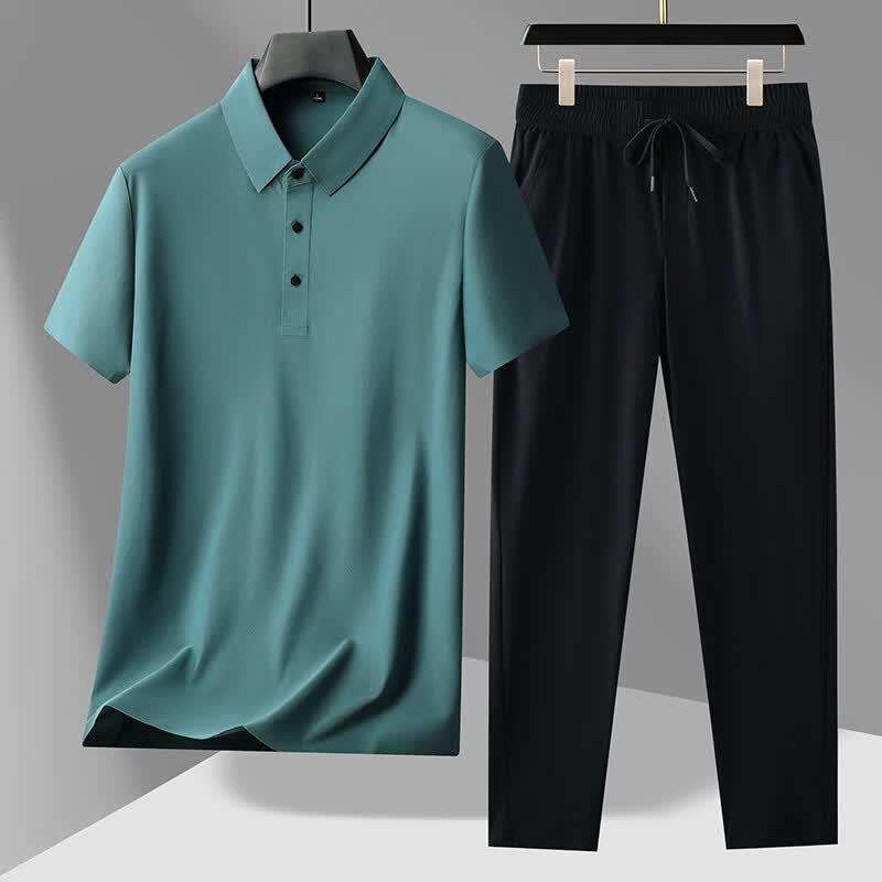 LangSha Men's Ice Silk Short Sleeve Polo Set