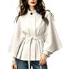 Women's Color Stand Collar Wool Cape Coat with Belted Waist and Long Sleeves