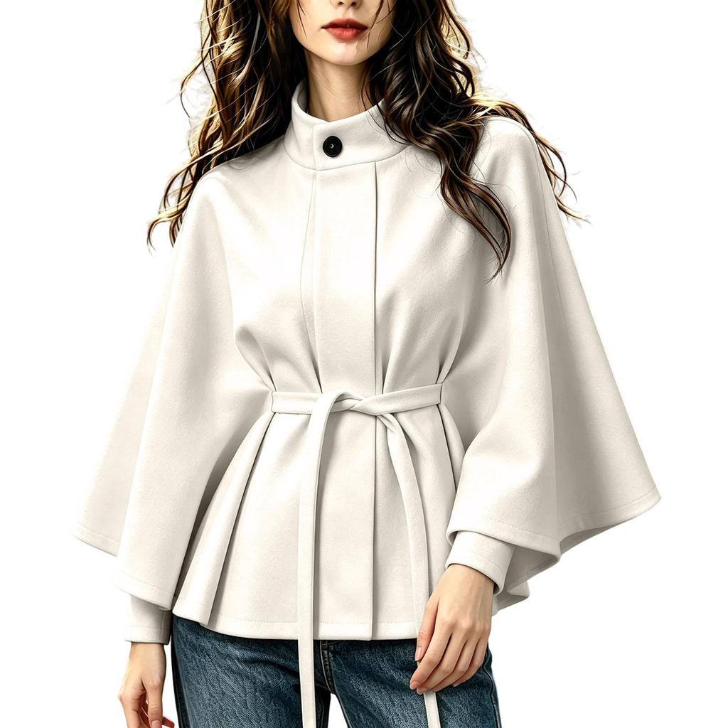 Women's Color Stand Collar Wool Cape Coat with Belted Waist and Long Sleeves