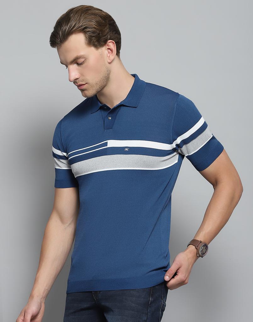 MONTE CARLO Mens Self Design Blue Collar Neck Half Sleeve T-Shirt