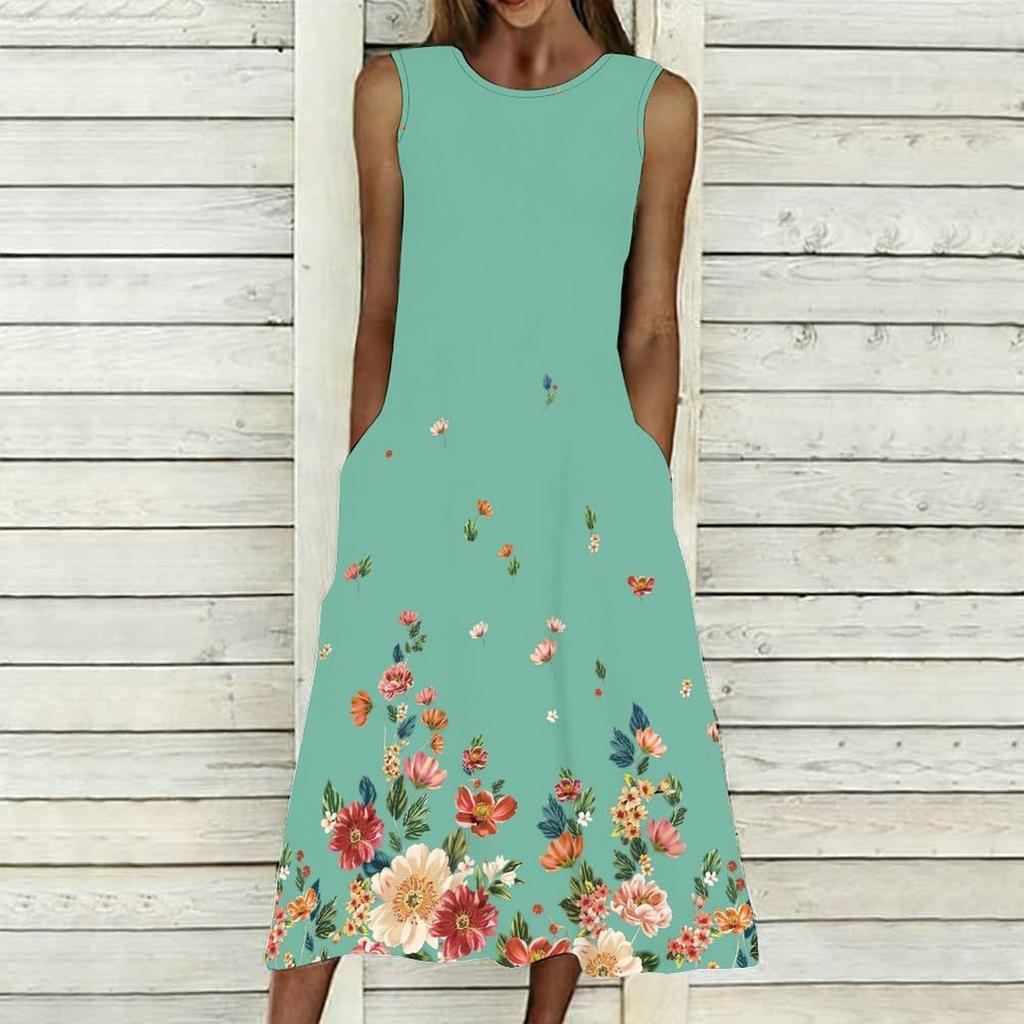Women Plus Size Sleeveless Crew Neck Dress Exuberant Floral Pattern Loose Calf Length Dress