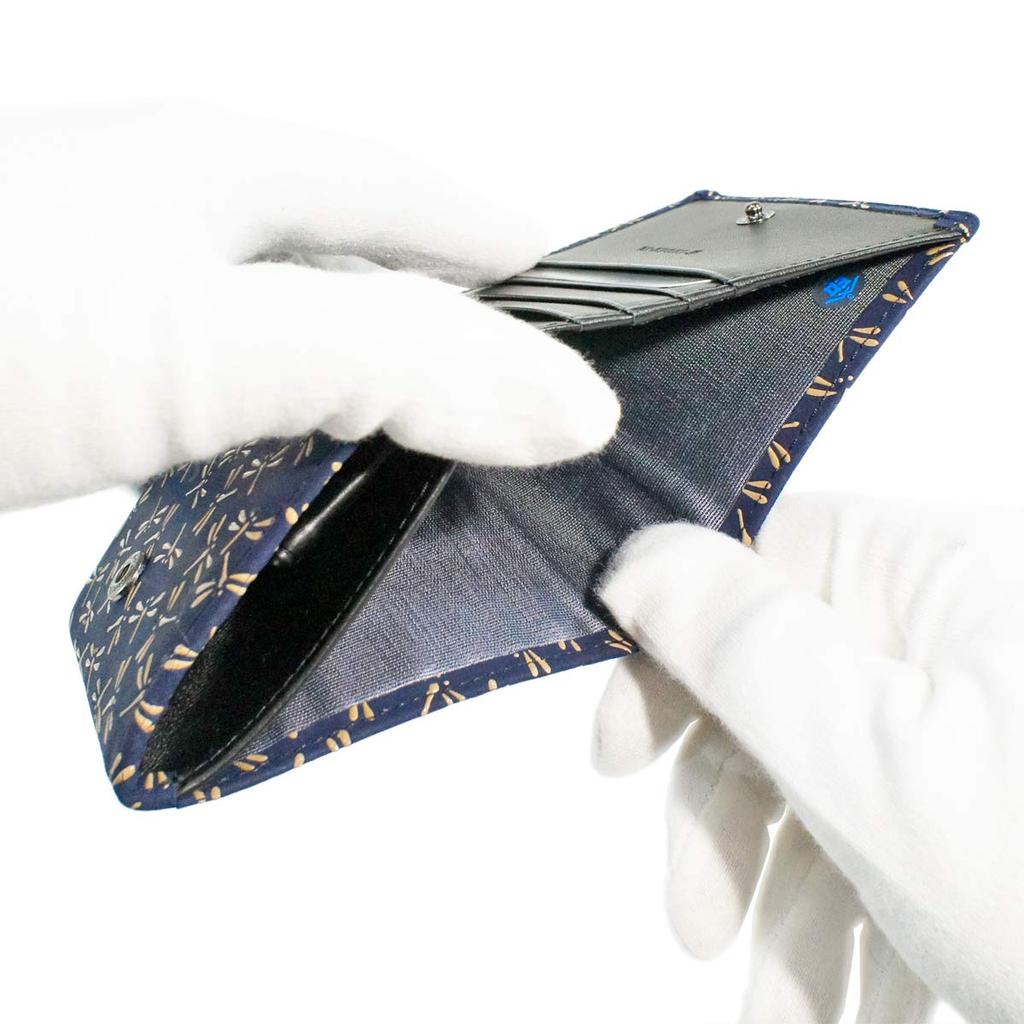 Inden Bill Compartment Coin Navy Blue with White Dragonfly [Inden-ya] Bi-fold Wallet, H, Box-type Purse, Deerskin, Lacquer, Pattern, 2204-14-008