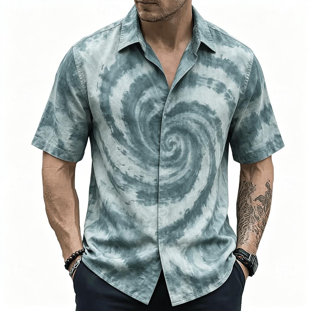 Men's Neon Lightning Spiral Print Short Sleeve Shirt, Retro Psychedelic Button Up Shirt for Spring & Summer