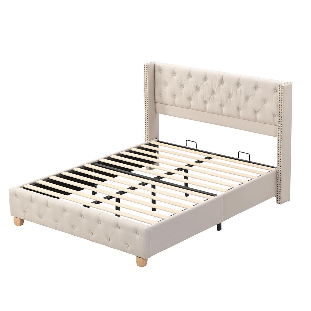 Upholstered Bed 160*200cm with Slatted Frame and Headboard, Button Upholstery, Rivet Upholstery, Wooden Legs, Linen, Beige