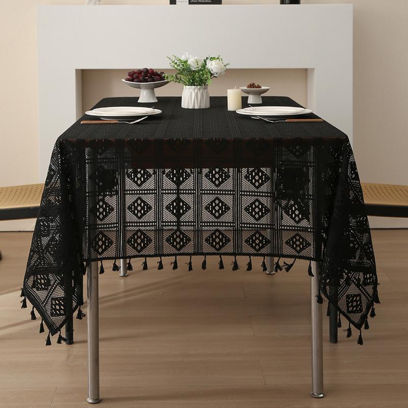 Gothic Hollow Lace Tablecloth Retro European American Rectangle Crochet Knitting Table Cloth with Tassel Home Decoration