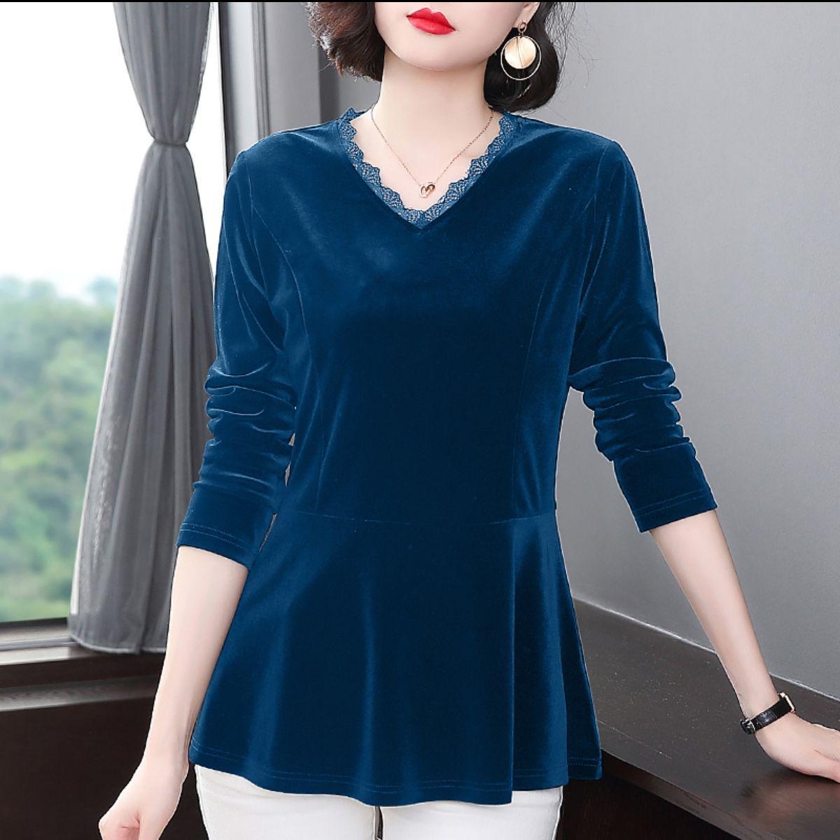 

Plus Size Women s Stylish Velvet Lace Top for Spring & Autumn 2026 XL [115-130 kg] peacock синього кольору