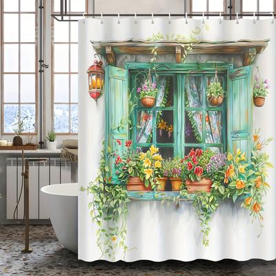 Shower Curtain: Charming Window with Blooming Flowers and Lantern for a Cozy and Inviting Bathroom Decor