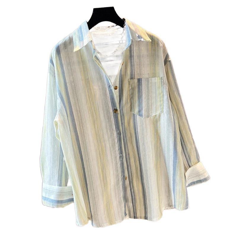Spring and Autumn Cotton Hemp Contrast Stripe Irregular Split Long Sleeve Loose Shirt for Women