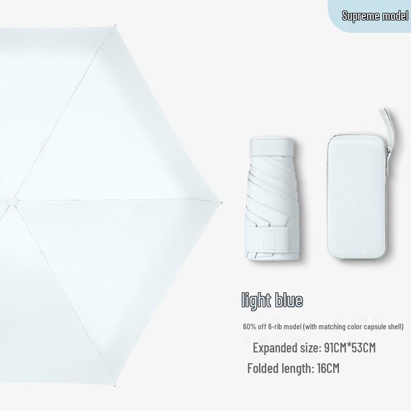 Compact Ultra-Light Six-Fold Capsule Umbrella with Black Glue Sun Protection and Hook