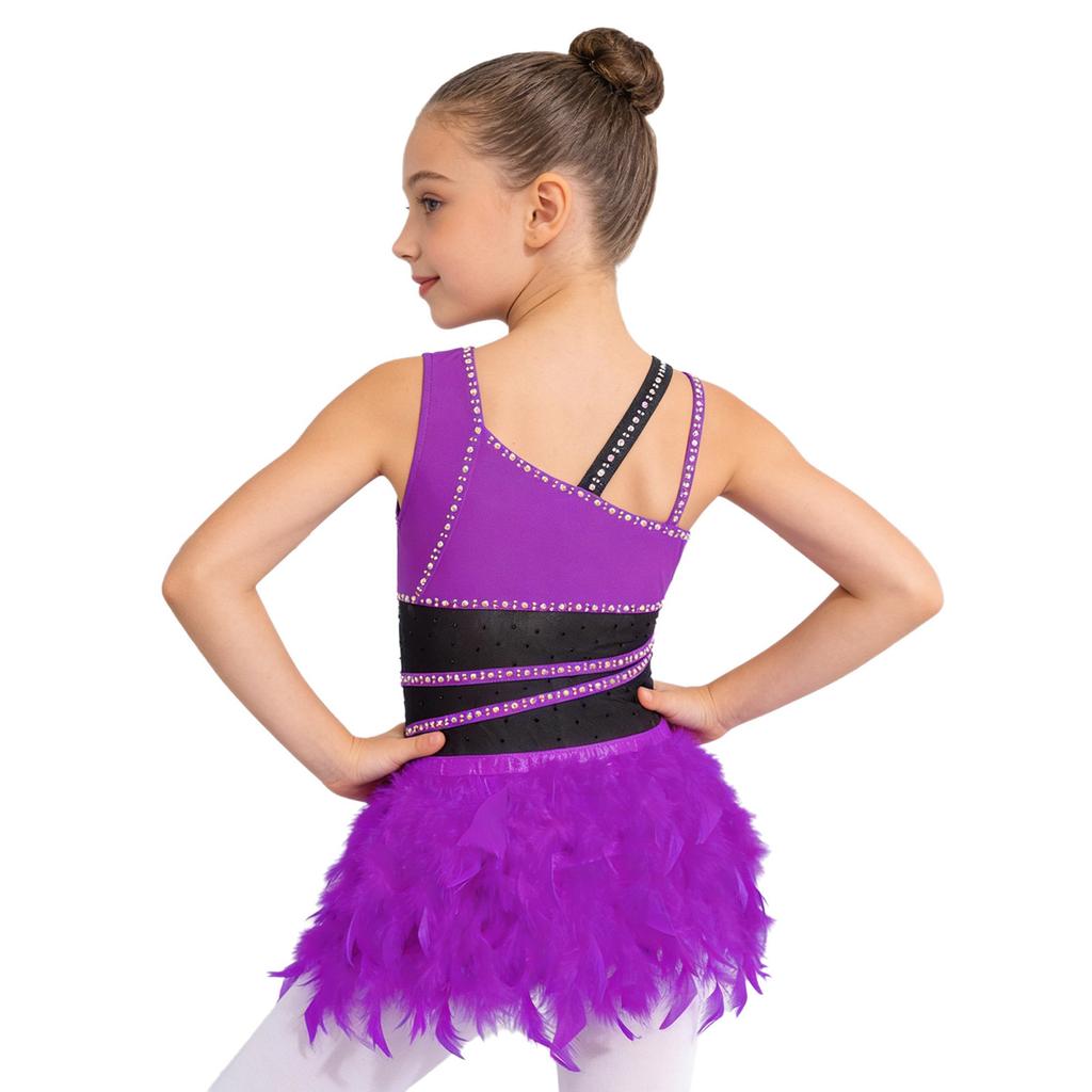 Girls Latin Dance Rhinestone Feather Asymmetrical Sleeveless Press Button Crotch Mesh Bodysuit