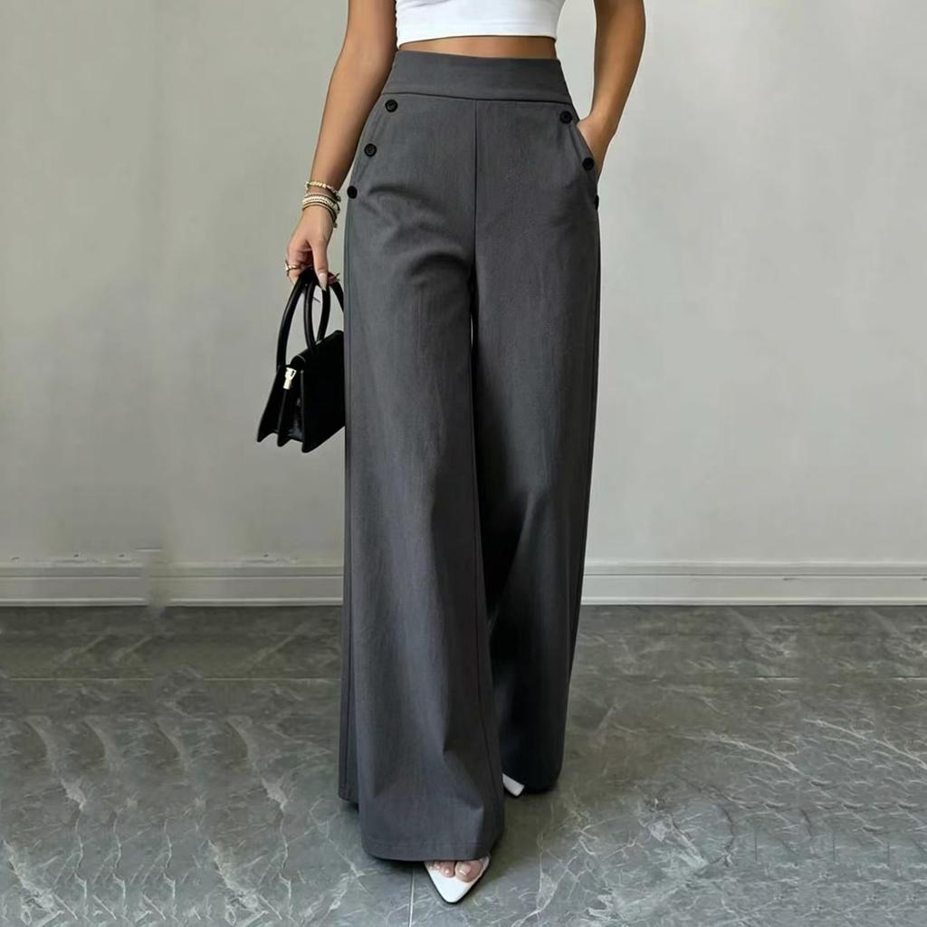Women High Waist Wide Leg Pants Double Button Loose Fit Straight Leg Trousers Casual Style