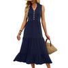 Women's Summer Casual V-Neck Button Front Sleeveless Tiered Maxi Dress Solid Color Beach Sundress