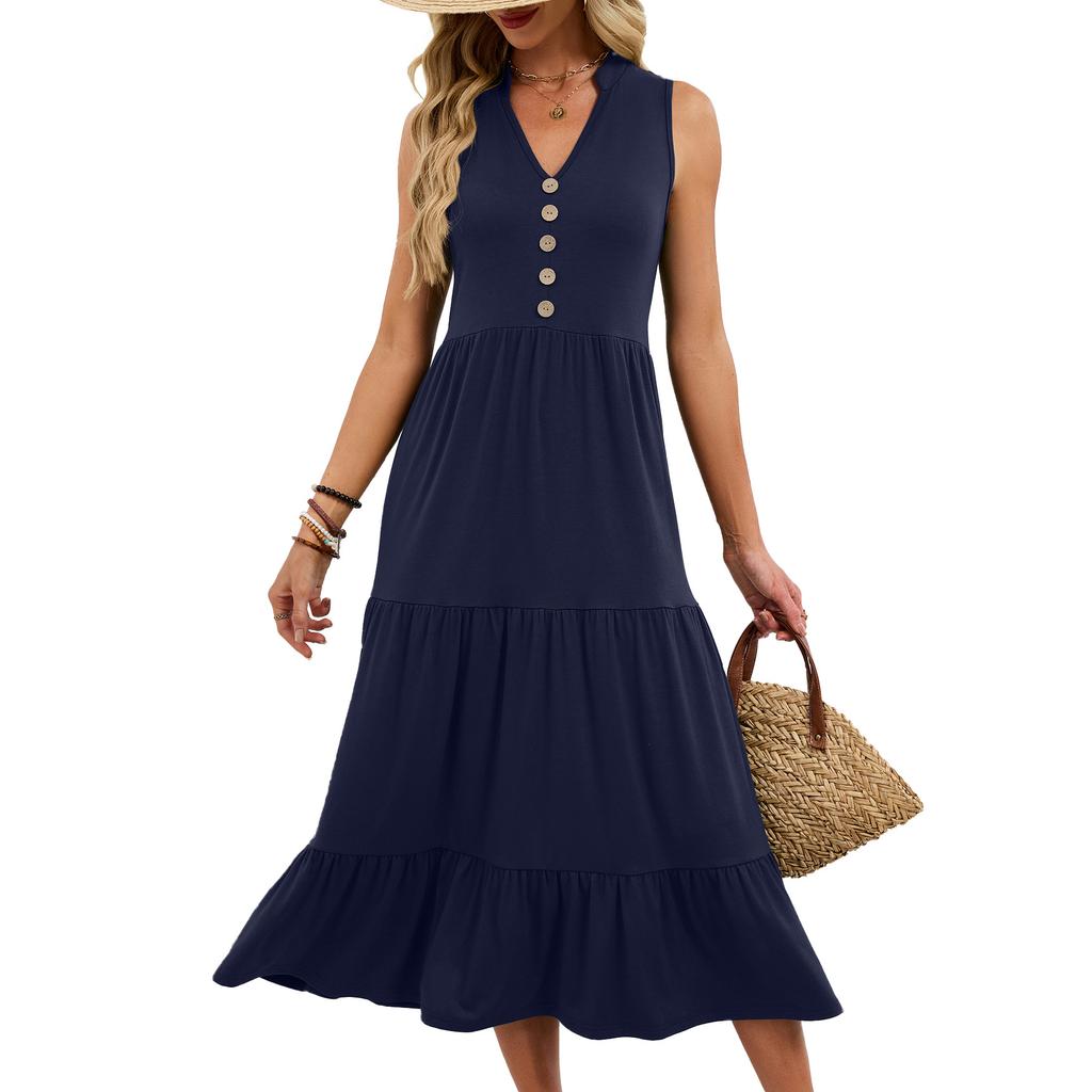Women's Summer Casual V-Neck Button Front Sleeveless Tiered Maxi Dress Solid Color Beach Sundress