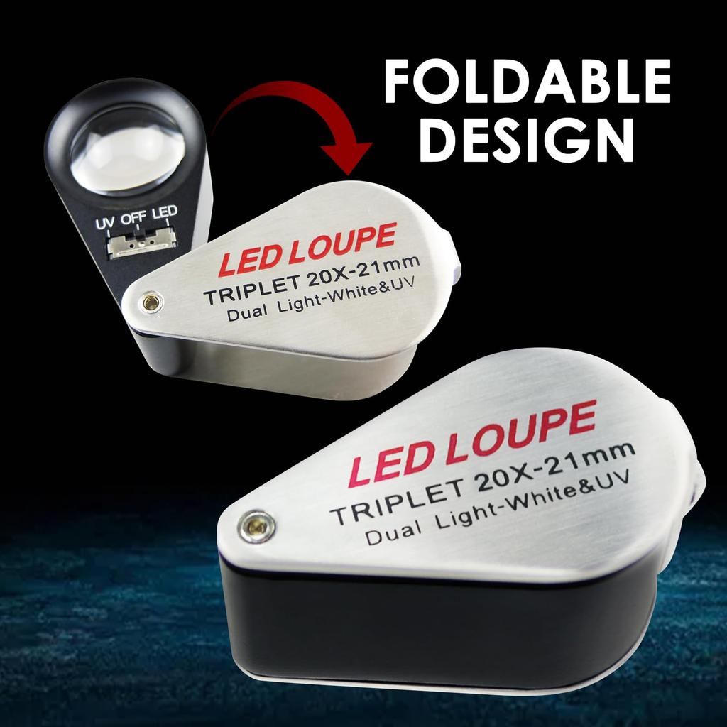 GAIN EXPRESS Foldable 20X Magnifying 20x Triplet Jewelry Loupe with LED and UV Light for and Jewelry Appraisal Glass, 21mm, Magnification, Lens,