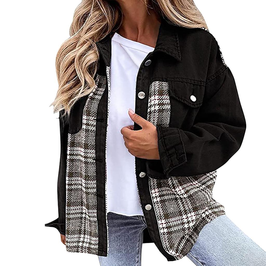 Womens Long Sleeve Denim Jacket Plus Size Basic Lapel Button Down Cropped Casual Jean Jackets Trucker Coats Jacket XXL