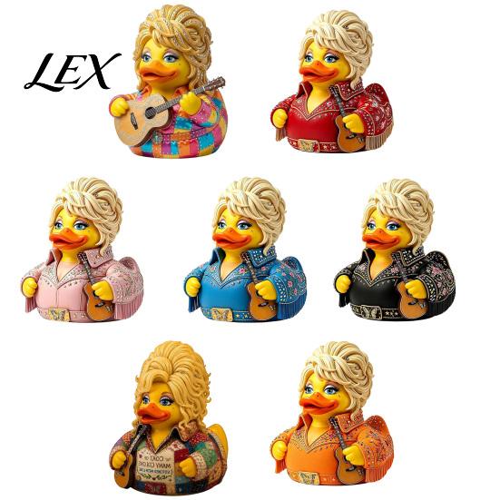 Plastová soška kachny pro domácí dekoraci Parton Memorial Duck, figurka Dolly, soška country hudby, ručně malovaná figurka hudebníka s kytarou, dekorativní