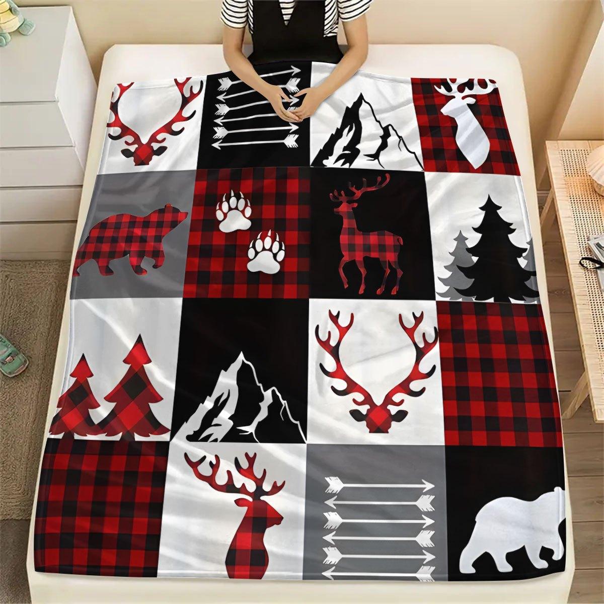 1pc Contemporary Red & Black Buffalo Plaid Christmas Throw Blanket with Reindeer, Geometric Trees, Bear & Snowman Designs - Soft 70x100cm