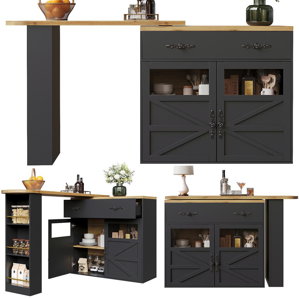 Extendable bar table with storage (138-204×39×104cm), 360° rotatable dining bar, kitchen island bistro table, sideboard cabinet with shelves, black