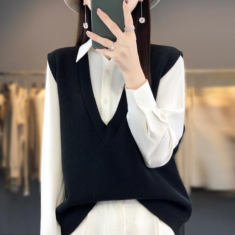 Vestă tricotată stivuită pentru femei Vestă tricotată lejeră Pulover fără mâneci Tank Top Camry Umăr Jachetă tricotată cu decolteu în V Toamnă/Iarnă