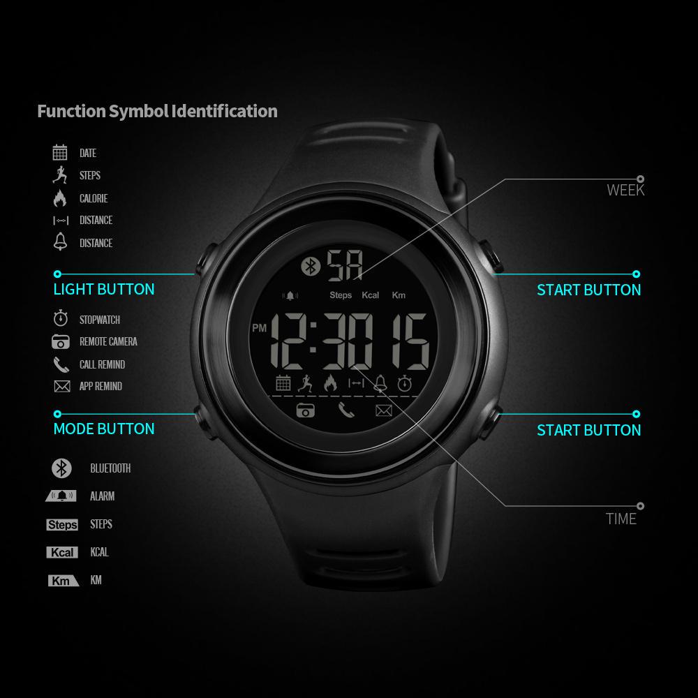 SKMEI Bluetooth Smart Watch Men Pedometer Stopwatch Waterproof Mens Sports Watches LED Digital Watch