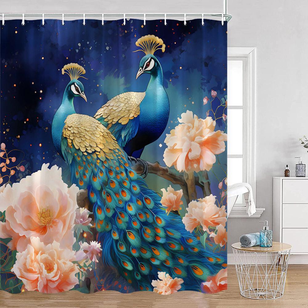Peacock Shower Curtain Modern Oil Paniting Animals Flowers Plants Floral Bathroom Decor Elegant Fabric Bath Curtains with Hooks