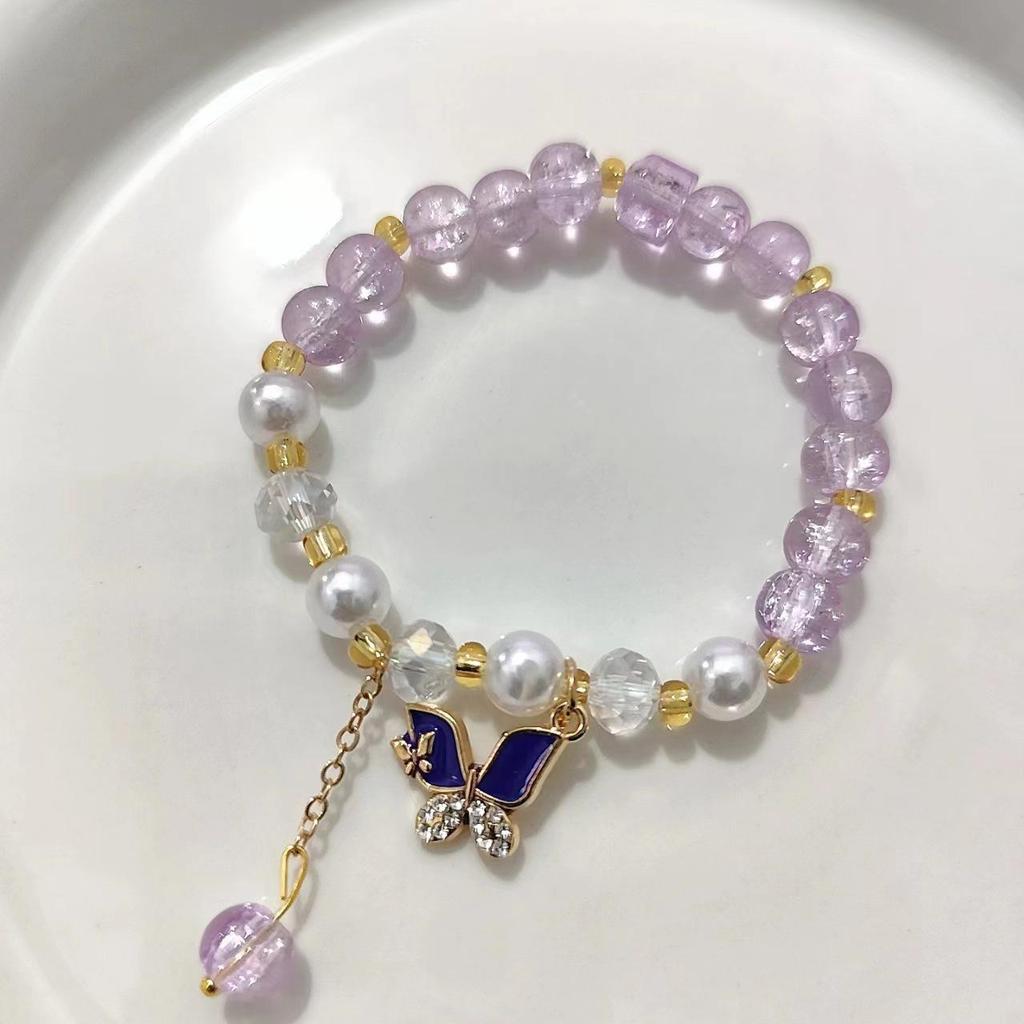 Forest Butterfly Glass Bracelet with Ice-Cracked Flower Beads