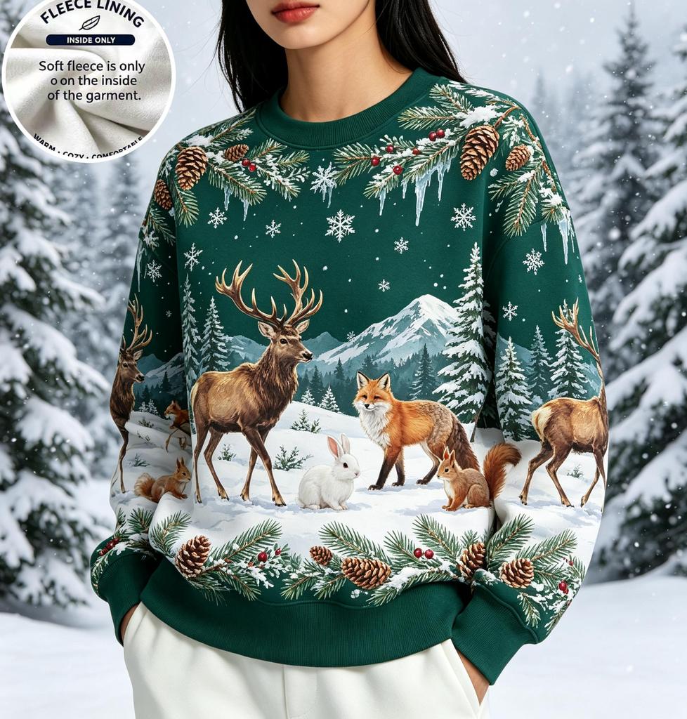 Women Crew Neck Fleece Sweatshirt Winter Forest Animals Deer Fox Print Long Sleeve Loose No Hood Warm Pullover