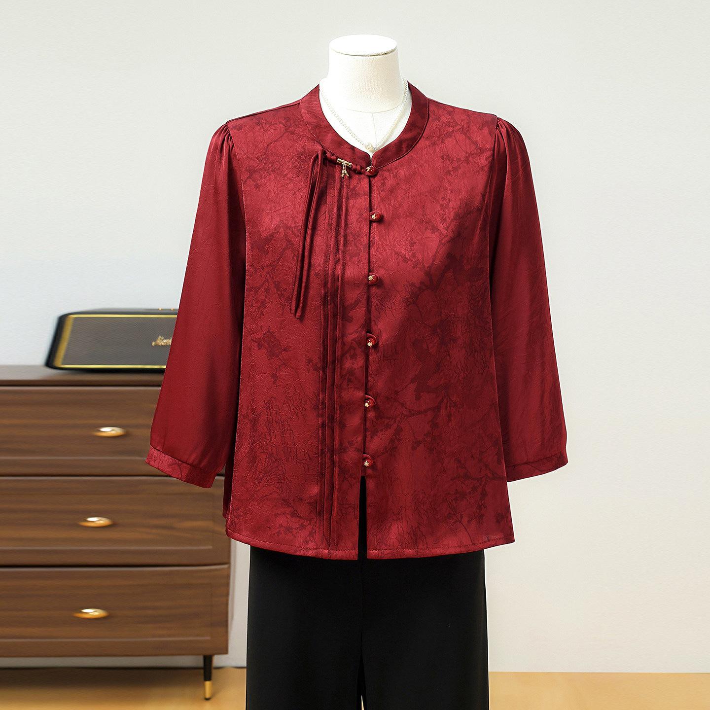 

2026 Spring Elegant Seven-Sleeve Blouse for Middle-Aged & Elderly Women 6XL (suggested for 160-170 jin)