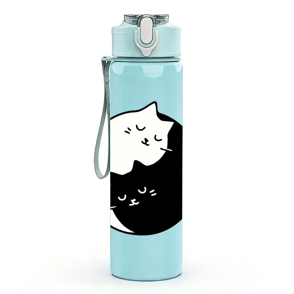 1PC Black White Moon Cat Art 750ml Color Plastic Sports Water Bottle Leakproof Flip Straw Lid Suitable for Sports Office Home Use